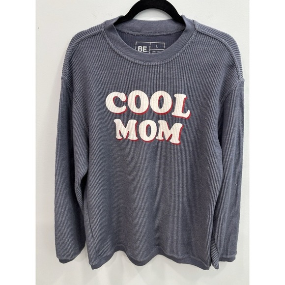 BE. Cool Mom Sweatshirt Large Gray Graphic Waffle Knit Pullover Cozy Casual - Picture 3 of 8